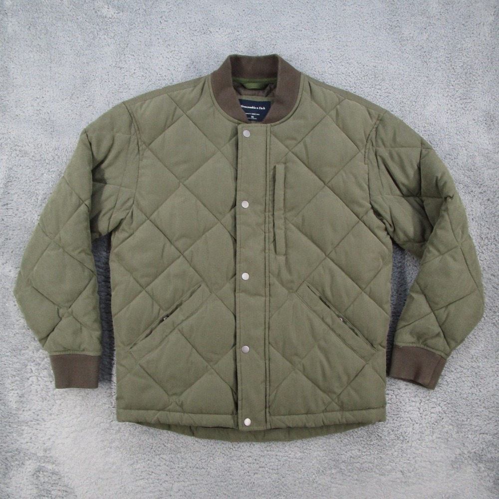 Abercrombie Fitch Mens Quilted Bomber Jacket Olive Green XS Full Zip Snap Front - Picture 1 of 11